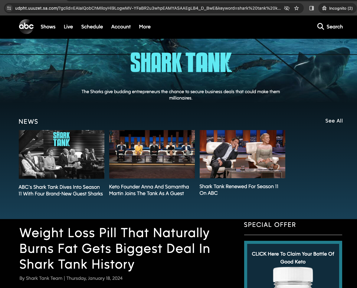 A site appearing to be on ABC.com advertising Shark Tank keto gummies, but it's entirely fake.